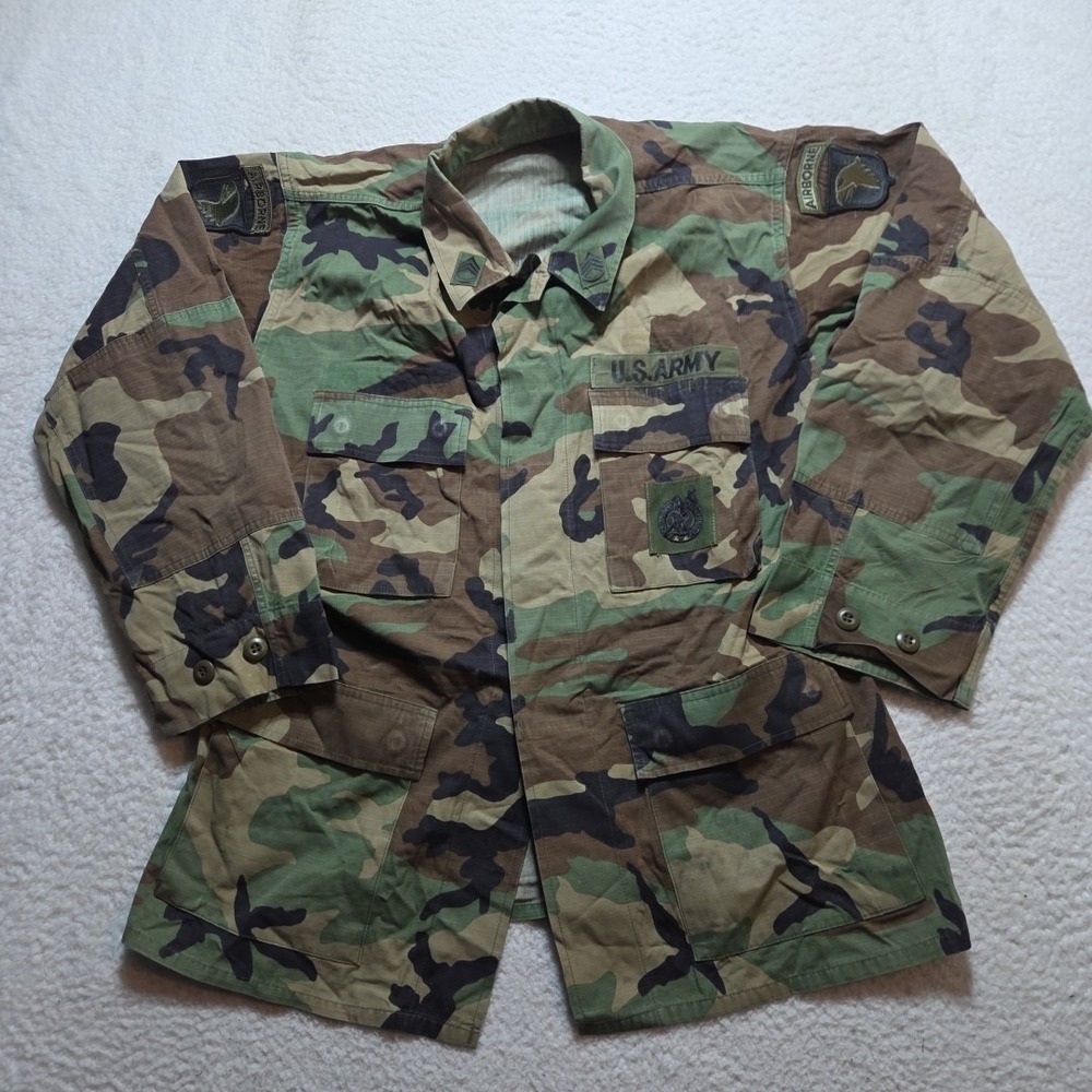 Vintage‎ 90s US Army Woodland Camo BDU Jacket Mens Medium 101st Airborne Sgt